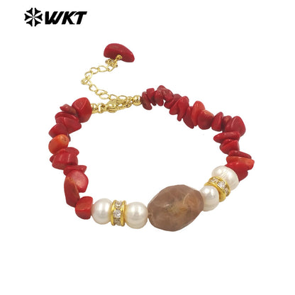WT-B696 WKT New Arrival Worker Handmade by Natural Nugest Beads Stone Bracelet With Extend Chain Charms Lady Bracelet
