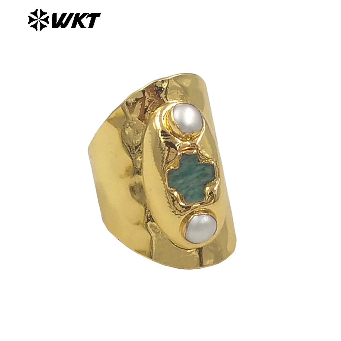 WT-MPR130 New Arrival 18K Gold Plated Religious Ring Jewelry With Double Pearls and Cross Shape Stone Adjustable Size for Party