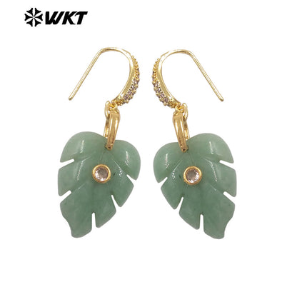 WT-E829 Wholesale Popular Zircon And Colorful Natural Gemstones Carved Leaf Shape Gold Earrings For Women Lovely Jewelry