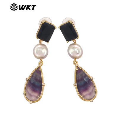 ME121 Wholesale Gold Plated Women Gemstones Earrings Jewelry Natural Amazonite Stone WaterBDrop Shape Romantic Ladies Gift