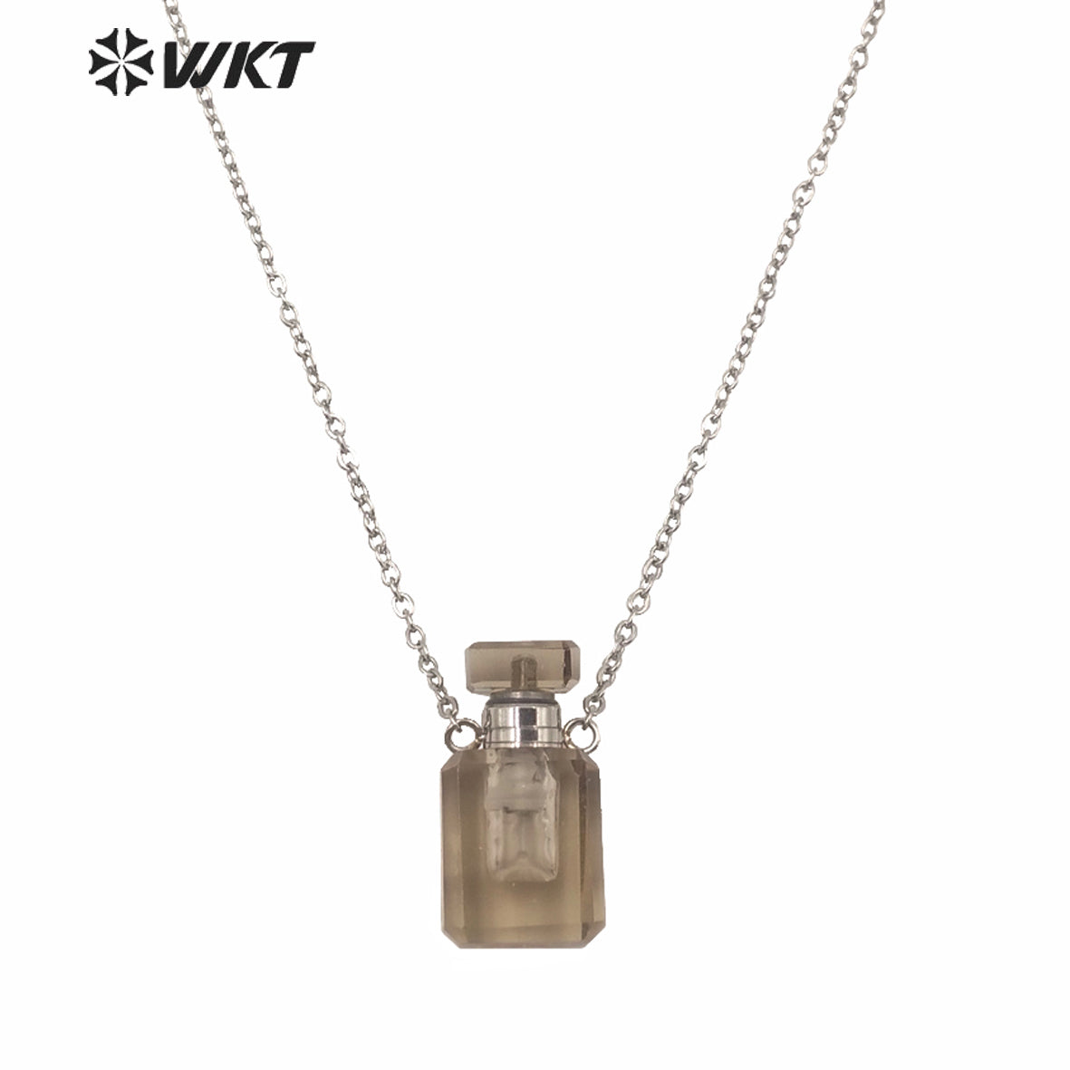 WT-N1240 WKT New Design Small Size Stainless Steel Chain Stone Bottle Necklace Mini square Steel France Perfume Bottle Necklace