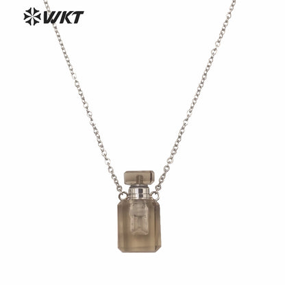 WT-N1240 WKT New Design Small Size Stainless Steel Chain Stone Bottle Necklace Mini square Steel France Perfume Bottle Necklace