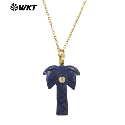 WT-N1534 Amazing Various Natural Gemstones Carved Coconut Trees Shape Charms Gold Necklaces For Women Fashionable Jewelry