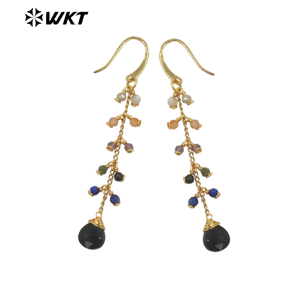 WT-E725 Amazing Colorful Gemstone Wire Wrapped Long Charming Earrings Women Dangle Gold Birthday Stone Earrings in Drop