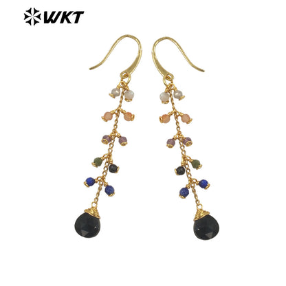 WT-E725 Amazing Colorful Gemstone Wire Wrapped Long Charming Earrings Women Dangle Gold Birthday Stone Earrings in Drop