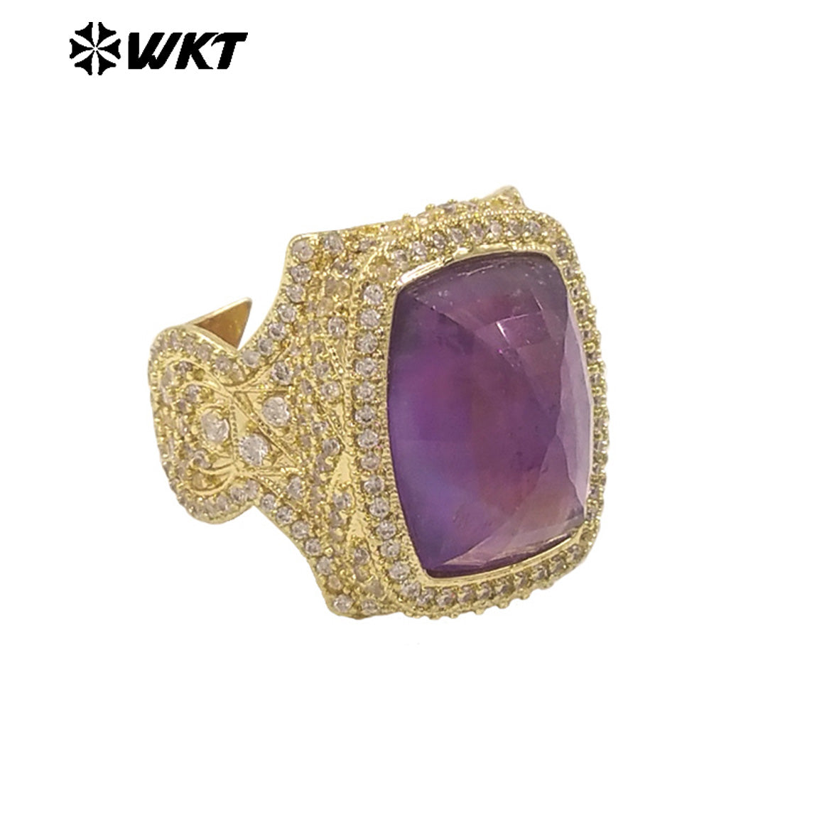 WT-MR033 Wholesale Fashion 18K Real Gold Plated Cubic Zircon and Natural Amazonite Amethyst Stone Ring for Women