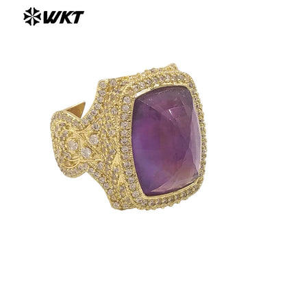 WT-MR033 Wholesale Fashion 18K Real Gold Plated Cubic Zircon and Natural Amazonite Amethyst Stone Ring for Women