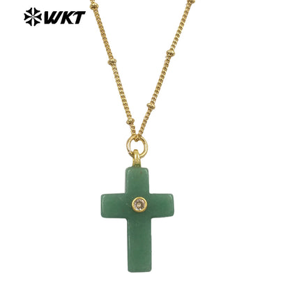 WT-N1533 Popular Sale Gold Chain With Colorful Natural Gemstones Cross Shape Charms Necklaces As Women Daily Wearing Jewelry