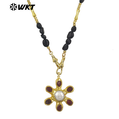 WT-JN379 Delicate Gold Plated Brass Splicing Beads Chain With Natural Stone And Pearl Flower Shape Pendants Necklaces As Gift
