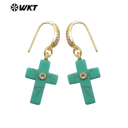 WT-E819 Popular Fashionable Zircon And Natural Gemstones Cross Design Gold Earrings As Female Wedding Matching Jewelry