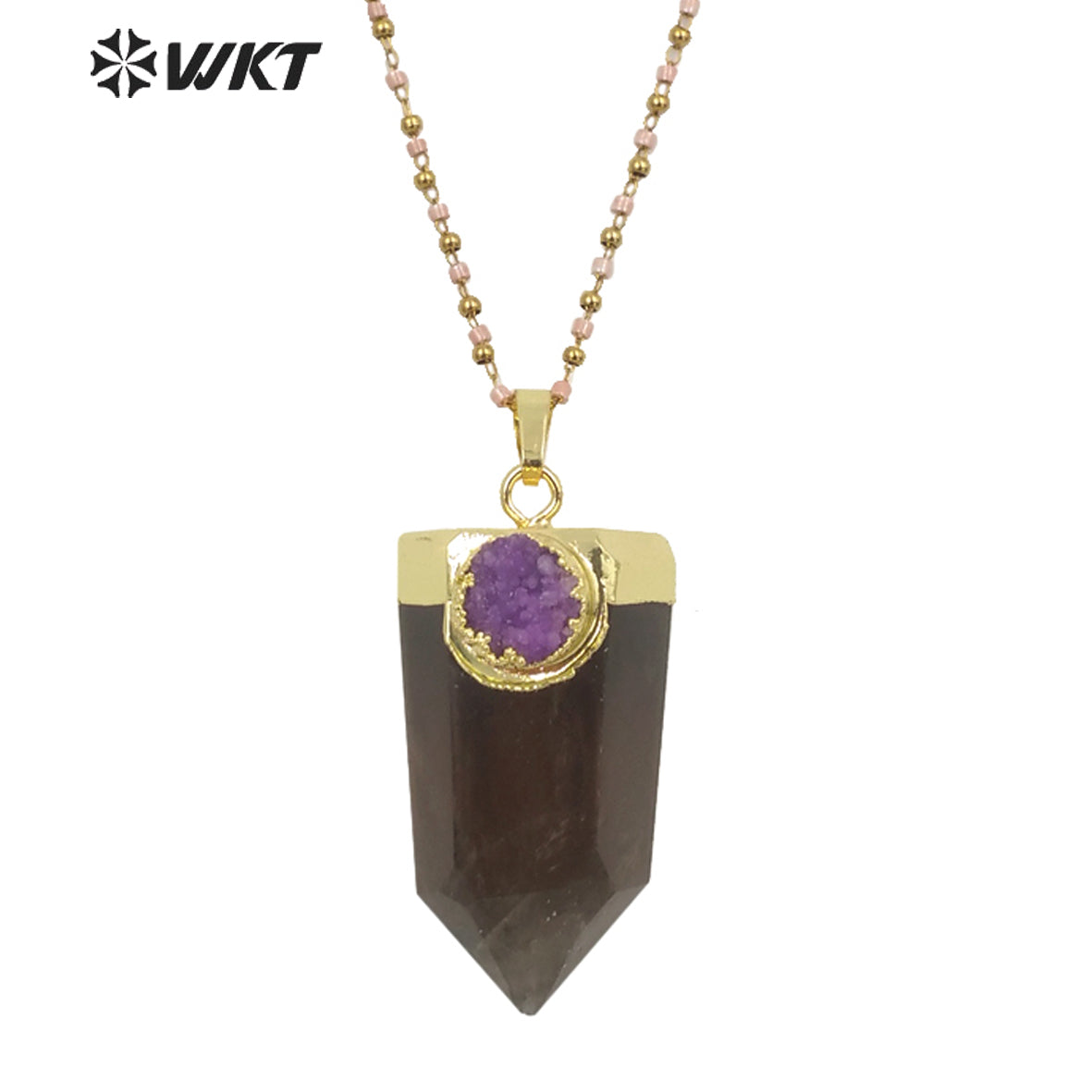 WT-N1289 Charming 18k Real Gold Plated Smoky Quartz with Druzy Hexagon Quartz Point Necklace Populared Spirit Quartz Necklace