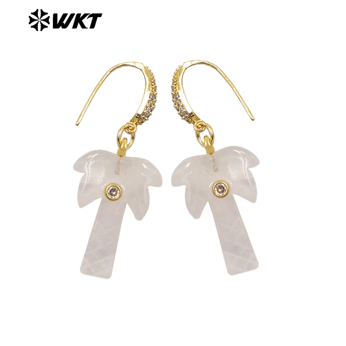 WT-E814 Beautiful Various Natural Gemstones Coconut Tree Shape Gold Pendant Earrings For Girls Summer Matching Jewelry