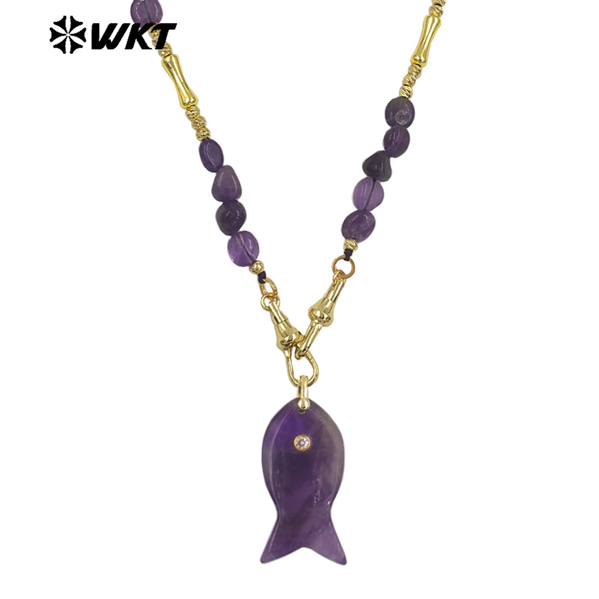 WT-N1522 Wonderful Stone Beads Splicing Metal Gold Chain With Natural Gemstones Fish Shape Pendant Necklaces For Women Gift