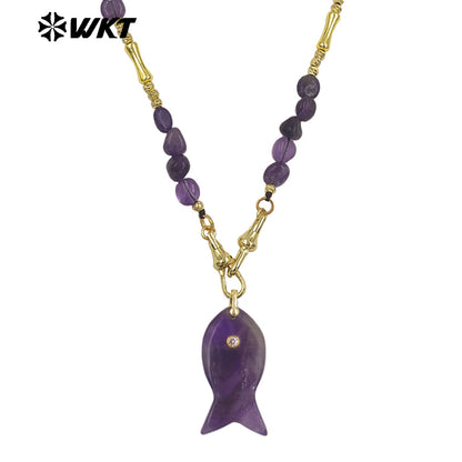 WT-N1522 Wonderful Stone Beads Splicing Metal Gold Chain With Natural Gemstones Fish Shape Pendant Necklaces For Women Gift