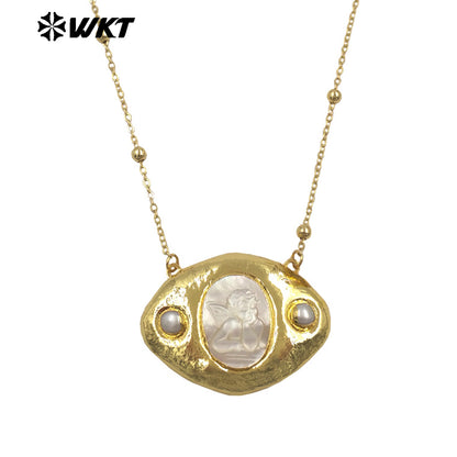 WT-JN388 Factory Wholesale Gold Plated Chain With Religious Style Mother Of Pearl Pendant Necklace For Women Unique Jewelry