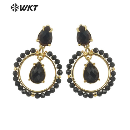 WT-E714 WKT Newest Summer Design Gorgeous Multi Natural Gemstone Big Hoop Earrings Gold Plated Lead Free Amazonite Stone Studs