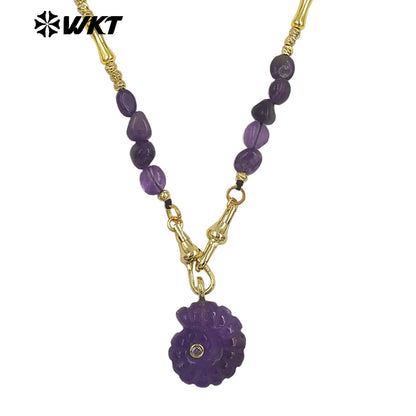 WT-N1520 Boutique Stone Beads Splicing Brass Chain With Natural Gemstones Carved Trumpet Pendant Necklaces For Friend Gift