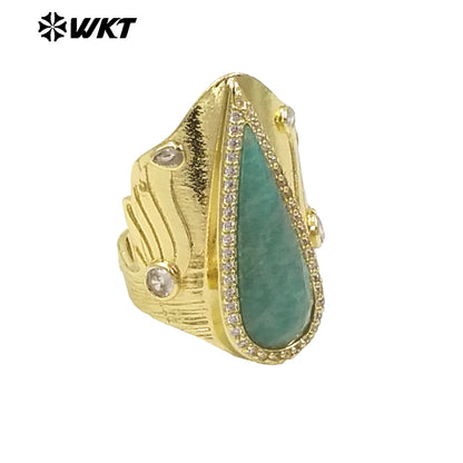 WT-R523 Amazing New Big Cocktail Long Pear Amazonite Stone Setting Women Party Ring or for Friend Birthday Gift