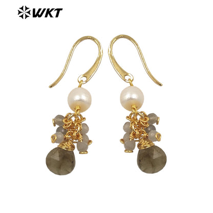WT-E722 WKT Exclusive Design Handmade Precious Tiny Stone Charm Earrings Attractive Long Dangle Birthday Stone Earrings