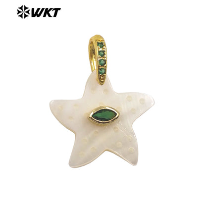 WT-JP480 Trendy Simple Style Gold Plated Zircon And White Shell Starfish Shape Little Pendants For Women Earrings Design
