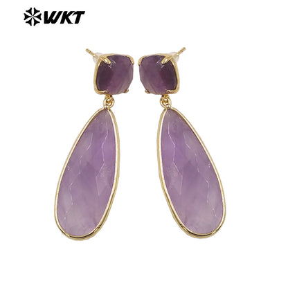WKT-E759 Exquisite Super Colorful Long Earring Waterdrop Shape Natural Stone Material Accessory for Women Birthday Gifts