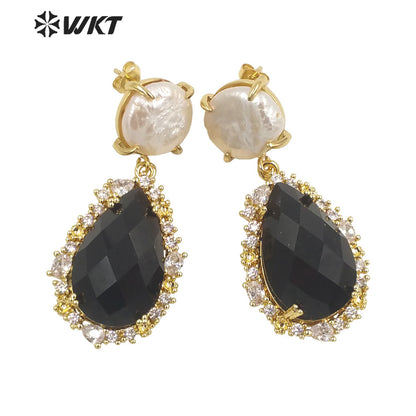 WT-E698 Unique Micropaved Gold Bezel Cubic Zircon Natural Teardrop Stone Pearl Earrings Gorgeous Drop Turquoise Stud Earrings