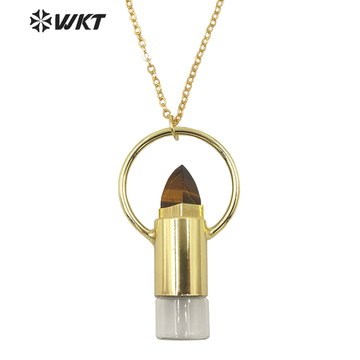 WT-N1295 WKT Women Bohemian Style Gold Plated Roll Gemstone Perfume Bottle Necklace Big Healing Stone Quartz Perfume Bottle