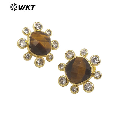 WT-ME091 Wholesale Newest Fashion square Gemstone with clear Cubic Zircon Around Setting Earrings Studs Gold Birthday Earring