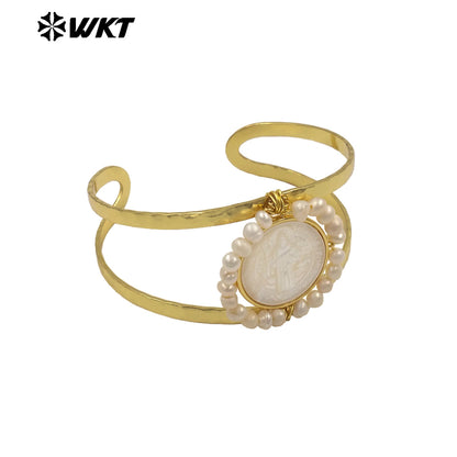 MPB132 Wholesale Religious Gold Plated Double Layers Hand Carved Shell And Pearl Adjustable Bangles As Ladies Party Present