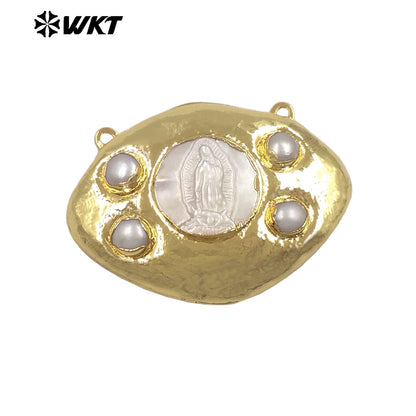 WT-PC022 High Quality Gold Plated Double Hoops Mother Of Pearl Religious Style Connector As Lady Handmade Jewelry Findings