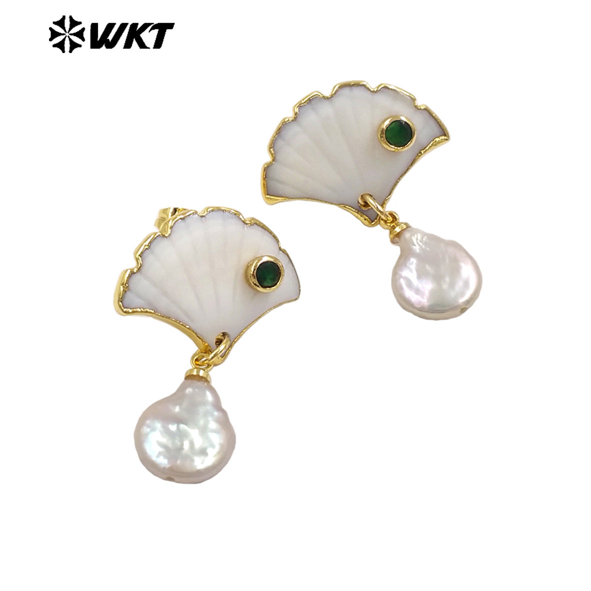 WT-MPE194 Luxury 18K Gold Plated Zircon And Shell Connect Natural Pearl Earrings For Women Vintage Trendy Jewelry Accessory