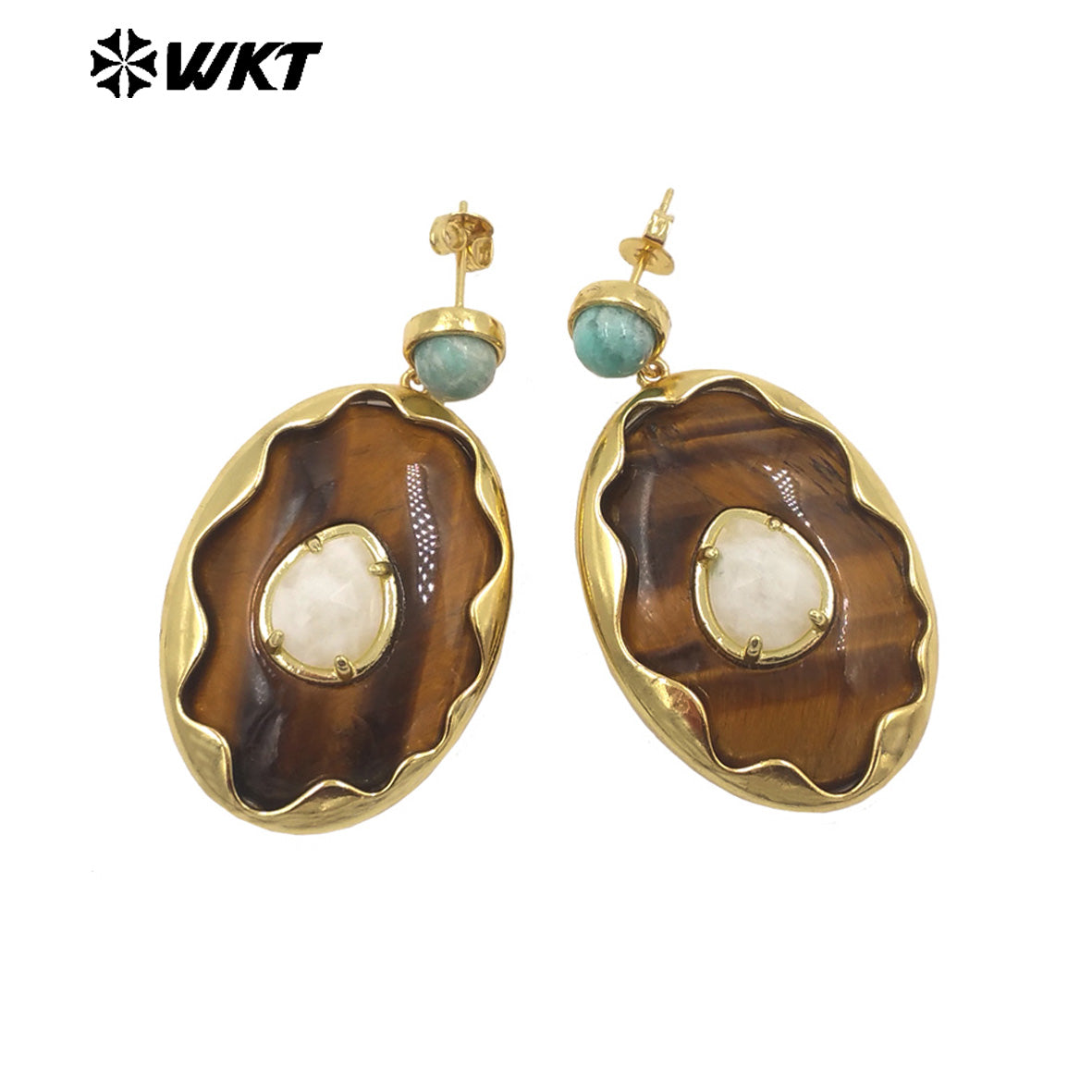 WT-E801 Gorgeous Romantic Style Gold Plated Various Natural Gemstones Big Pendant Earrings For Women Wedding Wearing Jewelry