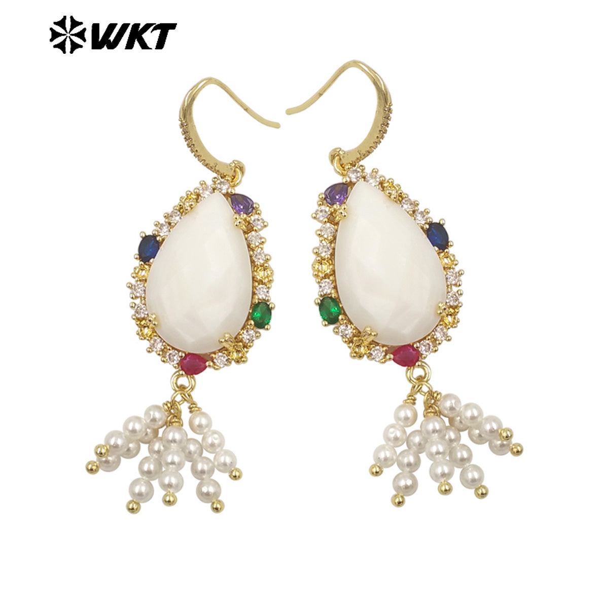 WT-ME107 WKT New Design Most Popular Handmade Wire Wrapped Tiny Beads Dangle Drop Stone Earring With Hoop Gold Party Studs