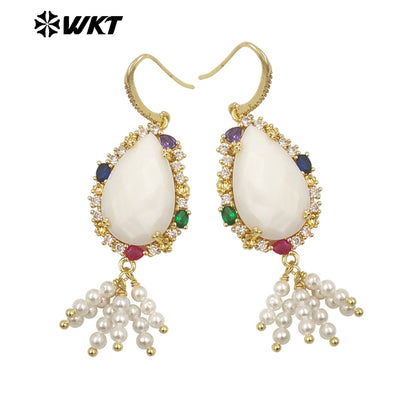 WT-ME107 WKT New Design Most Popular Handmade Wire Wrapped Tiny Beads Dangle Drop Stone Earring With Hoop Gold Party Studs
