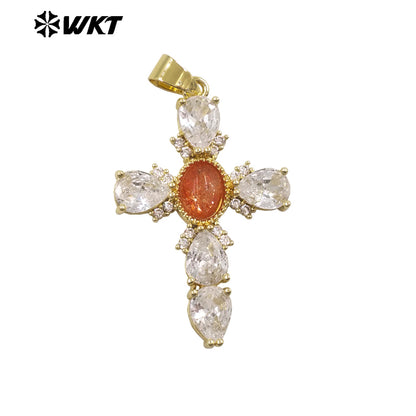 WT-MP320 New Arrival 18K Gold Plated Natural Stones And Zircon Cross Pendants For Lady Trendy Necklace DIY Accessories