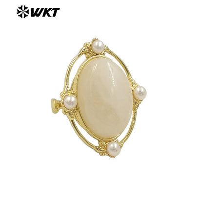 WT-R541 Wholesale Fashion Gold Plated Retro Natural Gemstone Lapis Amethyst Oval Stone With Pearl Beads Adjustable Women Ring