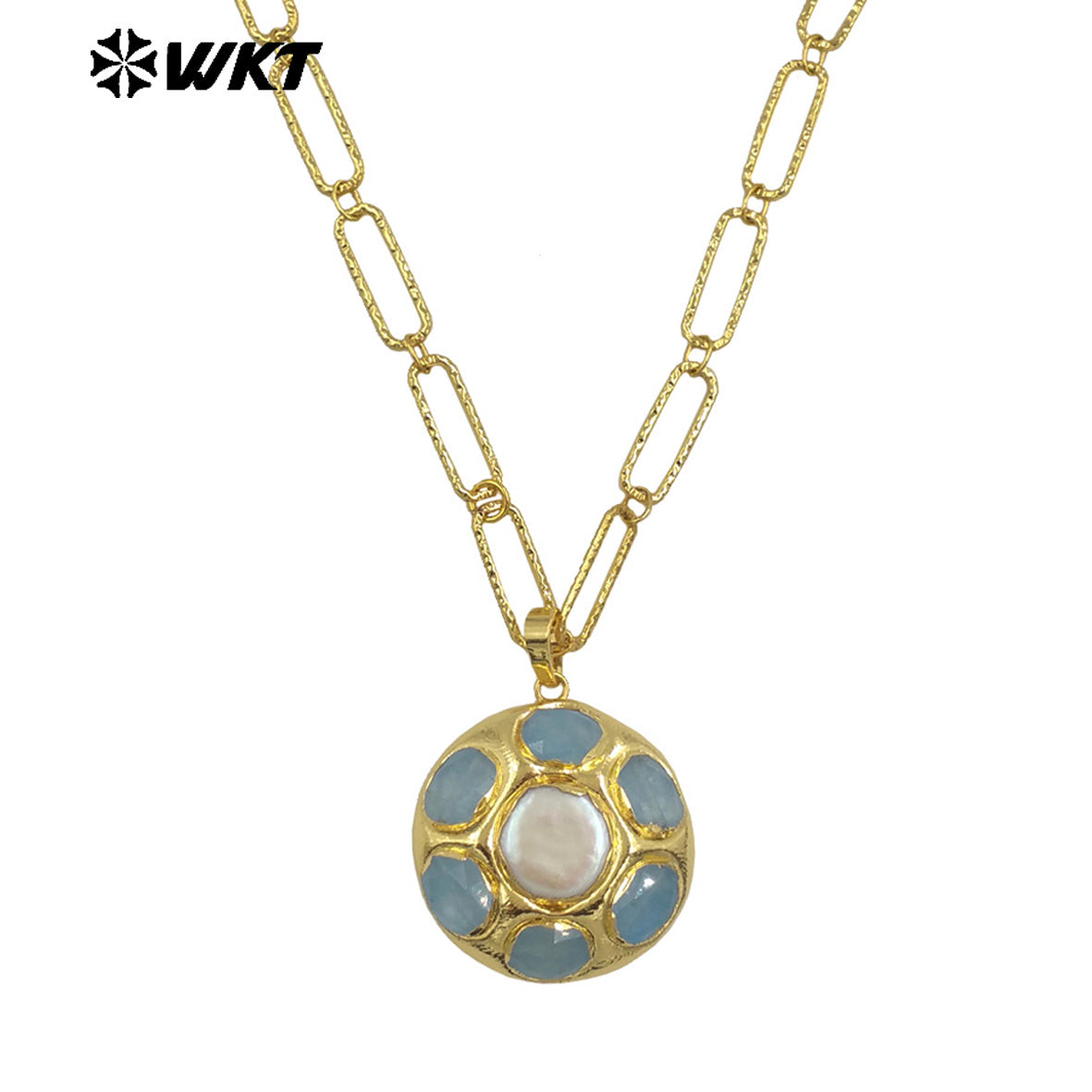 WT-N1493 Amazing Big 18k Real Gold Plated Link Chain Necklace With Round Natural Gemstone and Pearl Assemble Pendants Necklace