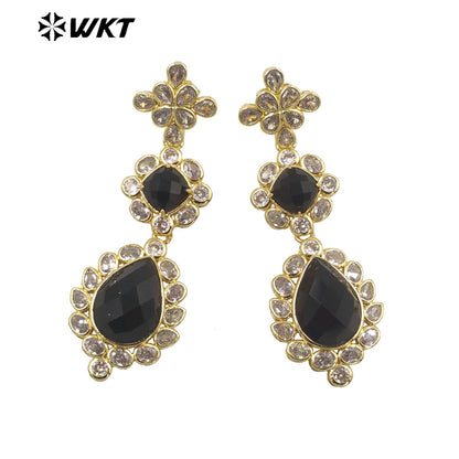 WT-ME088 WKT New Design 18K Real Gold Plated Multi Kinds of Gemstone Earrings Natural Lapis Drop Long Stone Studs for Gift
