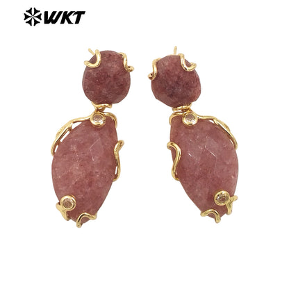 WT-E751 Wholesale New Gorgeous Precious Natural Gemstone Made With Claw Setting Amazonite Rose Quartz Dangle Stone Earrings