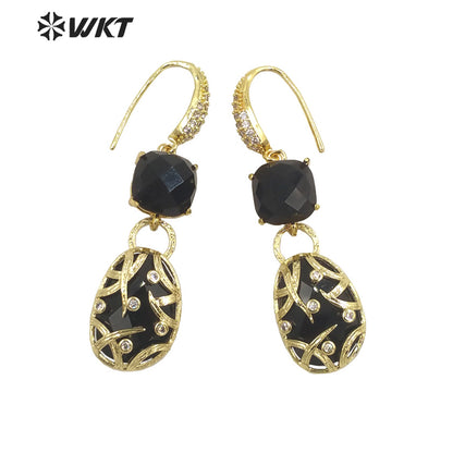 WT-E691 Fashion Double Stone Handmade Claw Setting Bezel Earrings Women Delicate Long Hoop Amethyst Stone Earrings