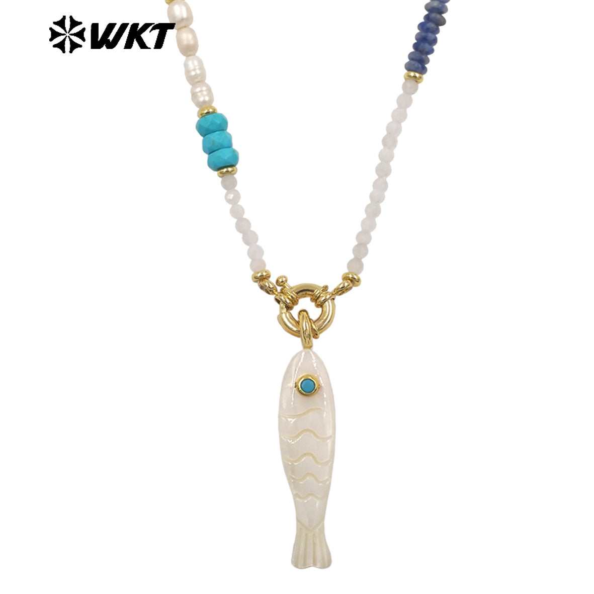 WT-JN405 Wonderful Natural Gemstone Beads Chain With White Shell Fish Charms Gold Necklaces For Women Party Trendy Matching