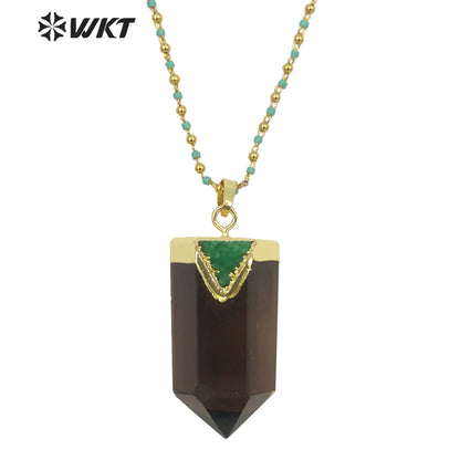 WT-N1291Wholesale Fashion Gold Plated Hexagon Quartz Point Stone Necklace Lady Populared Natural Gemstone Smoky Stone Necklace