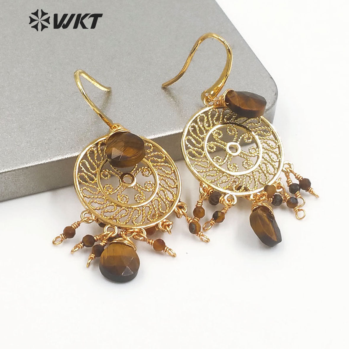 WT-E695 Bohemia Fashion Gold Gypsy Earrings with Natural Gemstone Made Dangle Earrings Handmade DIY Stone Hoop Earrings