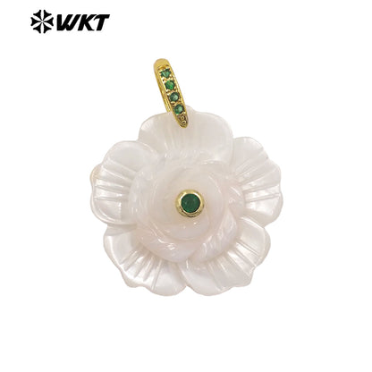 WT-JP476 Exquisite Elegant Design White Shell And Zircon Hand Carved Flower Shape Little Pendants As Lady Earrings DIY Findings