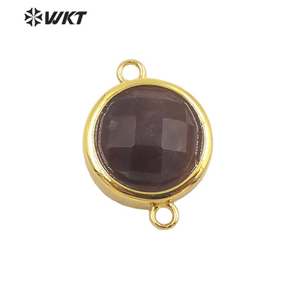 WT-C307 Wholesale Fashion Small Round Gold Bezel Jewelry Connectors Delicate Double Loops Natural Gemstone Charms in 12mm