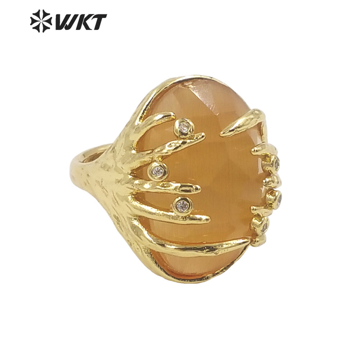 WT-R453 Wholesale Fashion Gold Bezel Claw Setting Oval Stone Ring Women Unique Trendy Cat Eye Stone Made Jewelry Party Ring