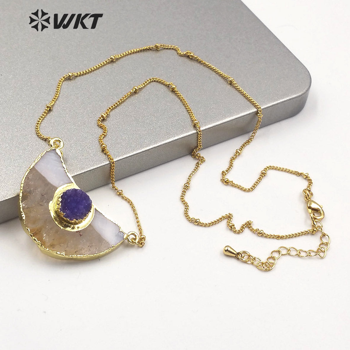 WT-N1210 Newest Natural Yellow Citrine Quartz Necklace With Round Druzy Quartz Charm Fashion Charm Jewelry Yellow Stone Necklace