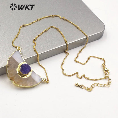 WT-N1210 Newest Natural Yellow Citrine Quartz Necklace With Round Druzy Quartz Charm Fashion Charm Jewelry Yellow Stone Necklace