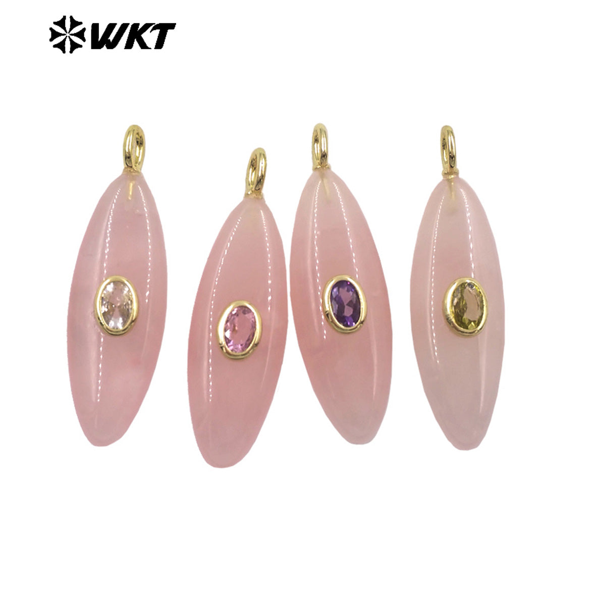 WT-P2053 Popular Style Zircon Gold Plated Natural Gemstones Long Oval Shape Pendants For Women Necklace Making Findings