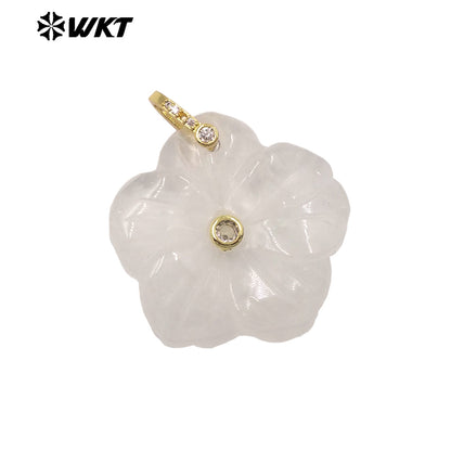 WT-P2029 Delicate Fashion Zircon And Natural Gemstones Hand Carved Lovely Flower Shape Pendant For Ladies Jewelry Making